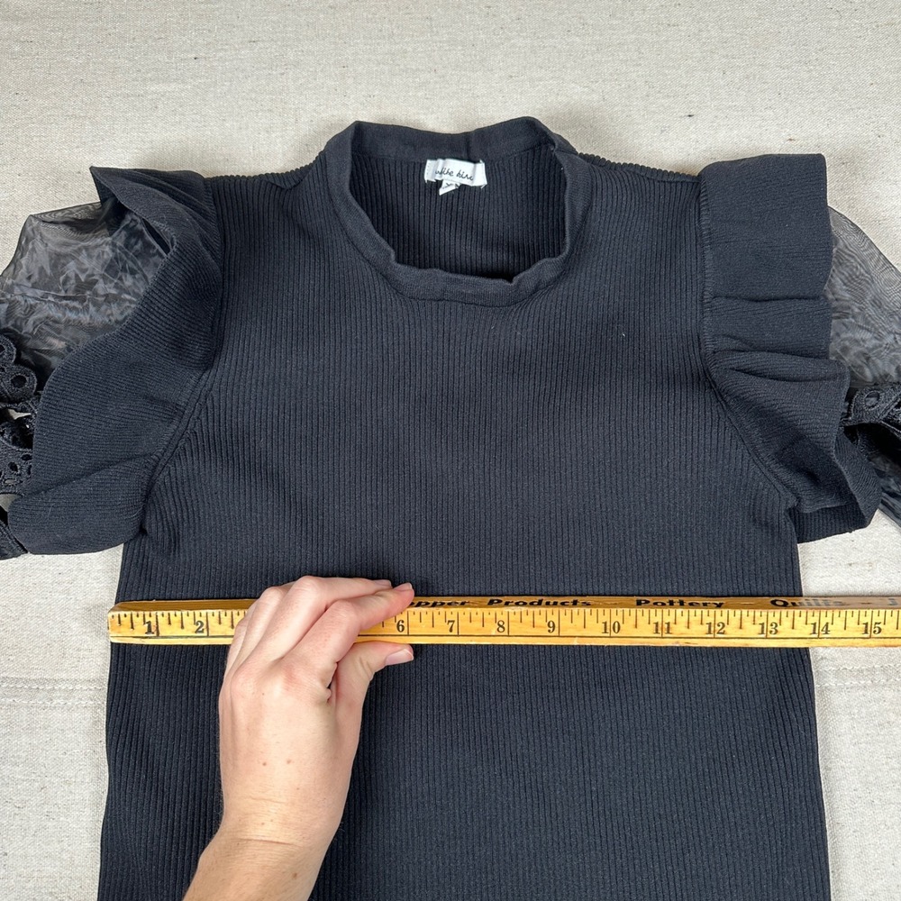 Black Ribbed Knit Top Avant Garde XL Sheer Lace Eyelet Puff Sleeve Ruffle State - Picture 5 of 6